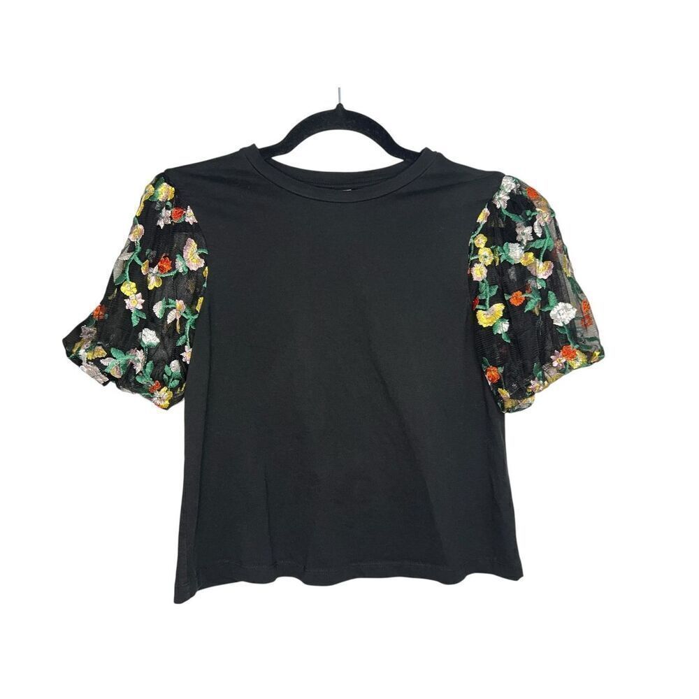 ASOS Women’s 4 Top Floral Embroidered Lace Sleeves Black Crewneck Stretch